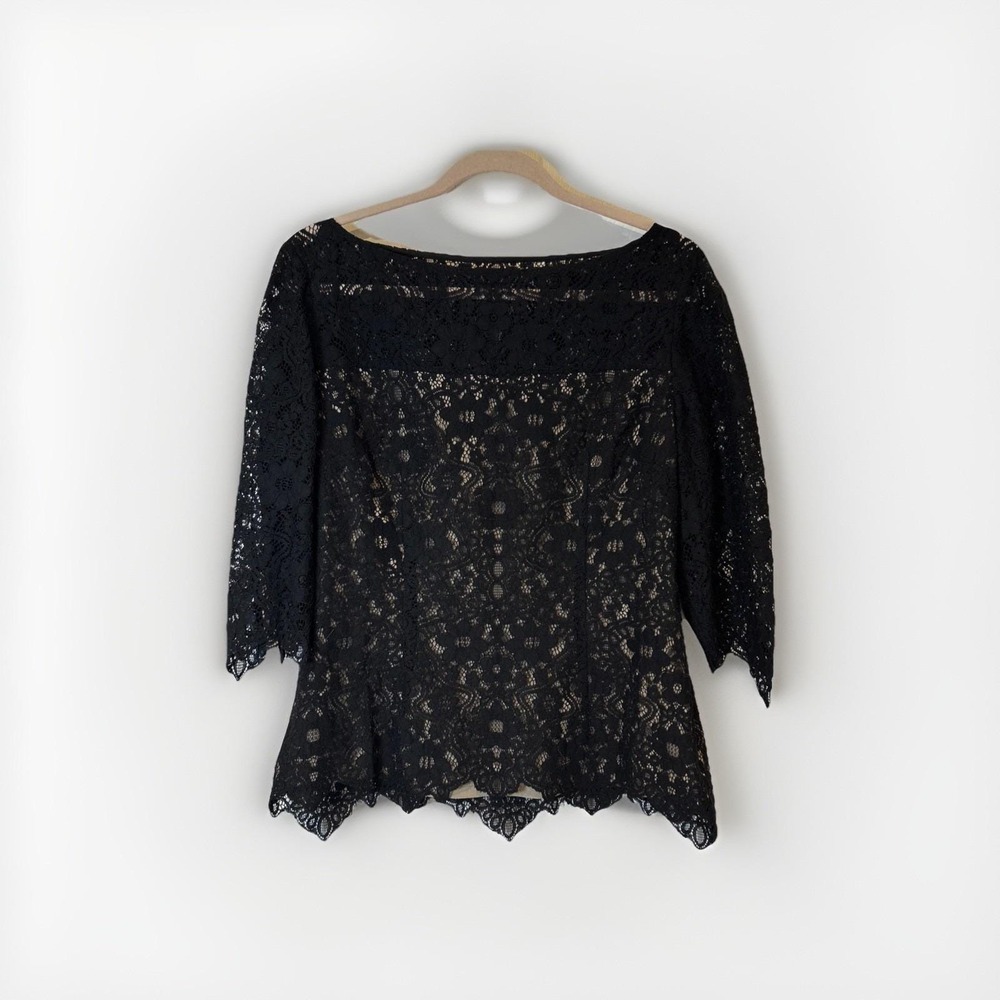 Vtg J. Peterman Womens Blouse 12 Black Lace Side Zip Lined Scallop Hem Holiday